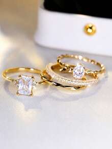 1 Set Gold Emerald Green Zirconia Braided Ring 4-Piece Set, Elegant Jewelry Suitable For Banquet And Party Wear - Golden Yellow + White - View 2
