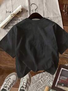 Vintage Damen T-Shirt im Bademantel-Stil, Retro-Hundeprint, Rundhalsausschnitt, Kurzarm, Oversized, Alltag, Casual, Elegant - Schwarz - Übersicht 2