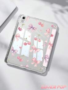 粉色蝴蝶結與櫻桃雙面彩繪壓克力水晶保護殼，相容 iPad Air 8(M4)2026(11吋)、Air 8(M4)2026(13吋)、第10代、10.2/Mini 6/Mini 7/9.7 吋、Galaxy Tab A9 Plus、3+Y 折疊平板，防彎曲、矽膠加固護角、自動喚醒/睡眠功能、內置筆槽、多角度折疊支架，完美日常保護，節日禮物 - 彩色 - 查看 4