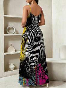 Plus Size Women'S Zebra Print Maxi Dress With Pockets Summer Casual And Sporty Outfit - 彩色 - 查看 3