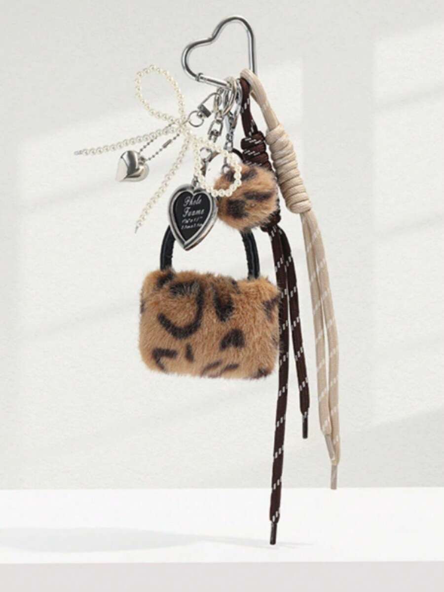 豹纹毛绒包挂饰,珍珠蝴蝶结迷你毛绒包钥匙扣,心形流苏钥匙圈,Y2K风格女士背包和手提包配饰 - 彩色 - 查看 1