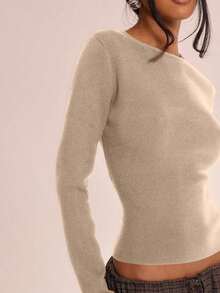 Top de cuello redondo de manga larga tejido, casual, para vacaciones, aeropuerto, días festivos, otoño, regreso a la escuela, elegante, primavera, verano - Rosa - Ver 11
