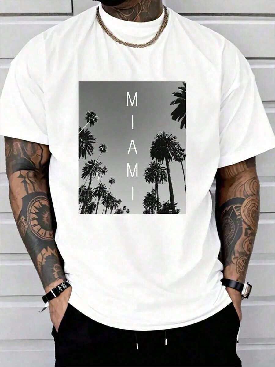 Casual 100% Cotton T-Shirt, Miami Beach T-Shirt, South Beach, Florida Souvenir Gift, Graphic T-Shirt For Men And Women - 白色 - 查看 1
