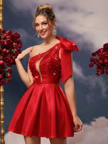 Lovelzi Elegante vestido de gala con lazo asimétrico en el hombro, decoración de satén brillante color champán, malla delantera hueca, acabado de lujo con cuentas a mano y bajo en línea A - Rojo - Ver 5