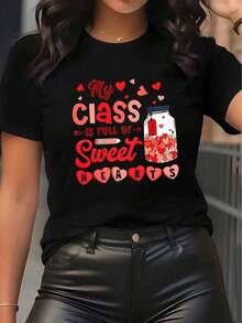 Women's Valentine's Day T-Shirt For Teachers, Compatible With Icon Prints (Hearts, Pencils, Books) - Lightweight And Breathable Polyester Top, Casual, Short Sleeve, Crew Neck - Valentine's Day Gift For Teachers, Events - With Heart Design, Machine Washable 7UP7 - 黑色 - 查看 2