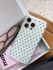 Minimalist Cute Black & White Polka Dot Pattern Fashion Phone Case, Compatible With Apple 11 To 17 Series Including Pro Max - Blue Background With Brown Dots - View 2