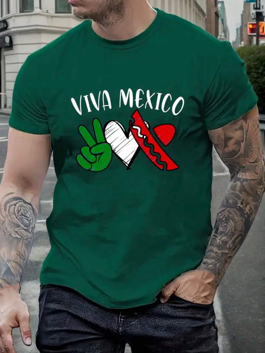 Camiseta de hombre, hecha de algodón puro, tela ligera y transpirable, diseño de cuello redondo, diseño estampado, corte de manga corta, adecuada para primavera y verano. - Verde - Ver 1