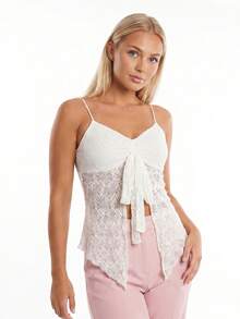 Womens Lace Halter Tank Tops Summer Fashionable Spaghetti Strap Handkerchief Hem Sheer Vest - White - View 4