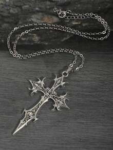 Vintage Gothic Thorn Cross Alloy Pendant Necklace, Pattern Sweater Chain - Silver - View 3