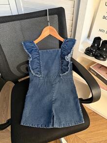 少女夏季優雅荷葉袖單排扣連身褲，藍色，適合日常、戶外、學校、通勤、度假 - 藍色 - 查看 2