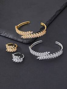 Bộ 2 món vòng tay và nhẫn hở tai hình lúa mì đan xen lấp lánh đá Cubic Zirconia cao cấp, mạ bạc/vàng, đa năng cho đeo hàng ngày, lễ hội, đám cưới, tiệc tùng, quà tặng tốt nghiệp, quà tặng sang trọng dành cho nữ. - Bông lúa mì khảm đá zircon - Xem 4