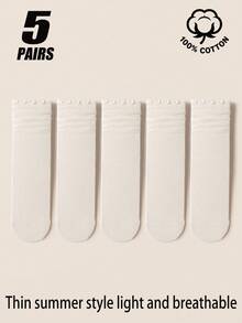 1/5 Pairs 100% Pure Cotton Women's Boat Socks, Summer Thin Mesh Breathable Ruffle Trim Casual Socks, Lightweight Macaron Color Mid-Calf Socks, Suitable For Daily Wear - Multicolor - View 13