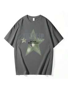 Five-Pointed Star Print T-Shirt. Five-Pointed Under-Sleeve. - 灰色的 - 查看 1