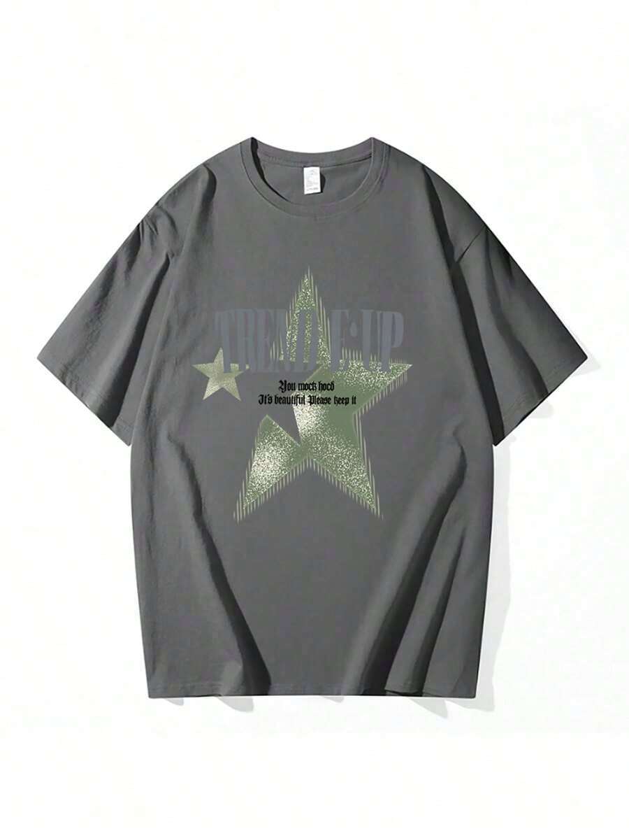 Five-Pointed Star Print T-Shirt. Five-Pointed Under-Sleeve. - 灰色的 - 查看 1