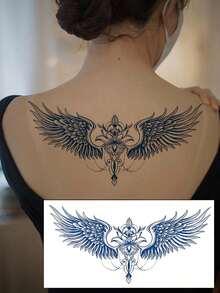 1 Waterproof And Non Reflective Wing Tattoo Sticker, Semi Permanent Plant-Based Temporary Tattoo, Cool Flying Wing, Flower, Chain Pattern, Easy To Play, Suitable For Women's Back And Chest Use, Lasting 7-14 Days, Essential For Party Music Festivals - Blue - View 5