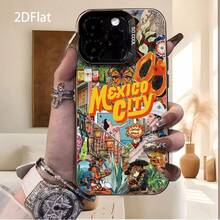 Nueva funda para teléfono con ilustración artística 2D estilo Ciudad de México, de alta gama, sencilla, moderna y creativa, resistente al amarilleo y al desgaste, con impresión UV para iPhone serie 17, 16, 15, 14, 13, 12, 11 Pro Max Plus Pro Air E. Perfecta como regalo para novio o novia en la Copa del Mundo, Pascua, Carnaval, Día de San Valentín o cumpleaños. [Desarrollo Personalizado 0412] - Negro - Ver 2