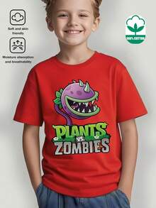 Casual Crew Neck T-Shirt, Sheer Short Sleeve T-Shirt With  Pattern, Minimalist Casual Style, Venus Trap And Tyrannosaurus Rex Flower Print T-Shirt Top, Machine Washable, Small, Medium And Large For Spring, Summer, Autumn And Clothing For Ages 3 To 12 Years - 灰色 - 查看 2
