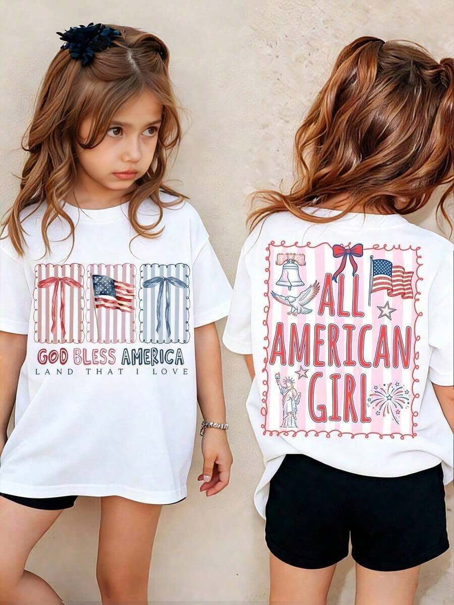 American Honey Kids' Short Sleeve T-Shirt With 4th Of July Cartoon Print, 180g, Soft, Comfortable And Breathable, Suitable For All Seasons, Perfect For Boys And Girls For Everyday Wear, School And Casual Sportswear. An Ideal Crew Neck T-Shirt For Holiday Parties, Gatherings, Outdoor Activities And Travel. - 鏽棕色 - 查看 1