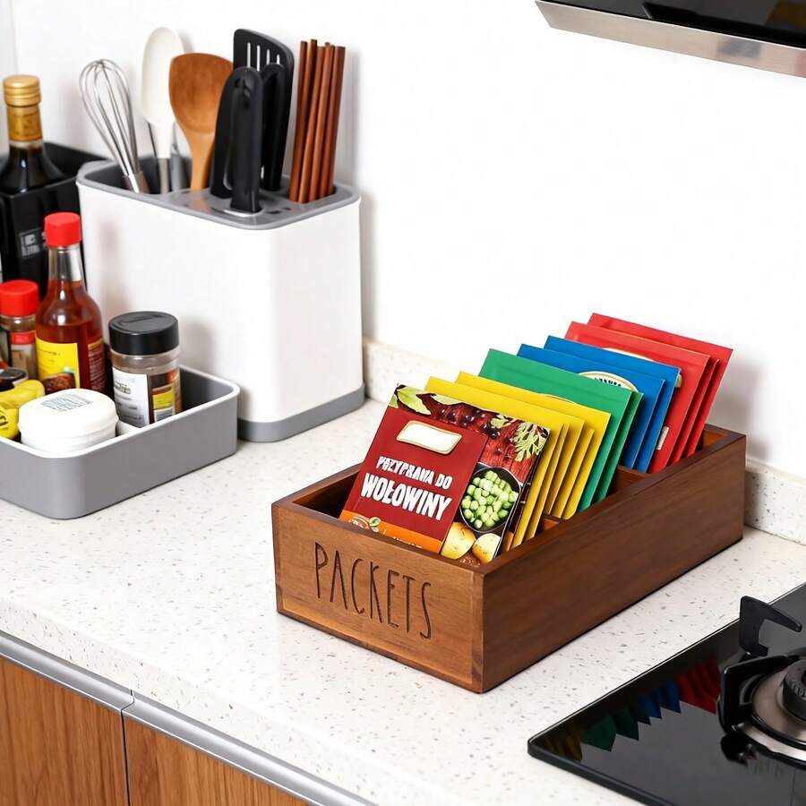 1pc Rosewood Storage Box With 3 Compartments, Food Storage Organizer Box For Kitchen, Pantry, Cabinet, Countertop - Multicolor - View 1