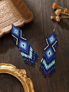 SOUL BEADING 蓝色调手工串珠几何图腾耳环，夸张吊坠设计，美白效果，送给妈妈或朋友的礼物 - 藍色 - 查看 4
