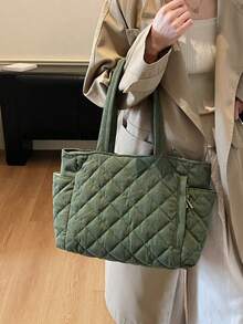 Tas Tote Tunggal Berbahan Quilted untuk Penggunaan Sehari-hari dengan Tali Lebar, Tas Bahu Kapasitas Besar untuk Semua Musim dengan Kantong Samping untuk Penyimpanan Mudah, Cocok untuk Bekerja, Belanja Akhir Pekan, dan Jalan-jalan di Kota, Ramah untuk Wanita Pekerja, Mahasiswa, dan Pecinta Pakaian Kasual - Hijau - View 3