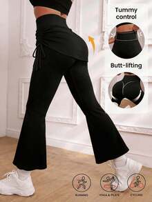 Pantalones acampanados de mujer de dos piezas falsas, talle alto con cordón lateral ajustable, cómodos para uso diario - Negro - Ver 2