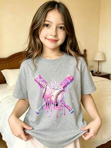 Ice Cream Drip Art Baseball Bat Shaped T-Shirt For Girls - Grey - View 7