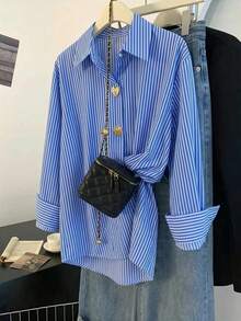 Women's Oversized Striped Shirt, Gold Heart-Shaped Button Detail, Long Sleeve Collared Shirt, Suitable For Casual And Preppy Style - Blue - View 5