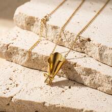 1pc Unique 3D Wrapped Bouquet Pendant Necklace, Gold-Plated Stainless Steel, Fashionable Personalized Women's Jewelry, Summer Necklace - Gold - View 6