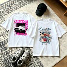 2-Piece Couple Matching Pattern T-Shirt, 100% Cotton, Loose Fit, Soft And Breathable, Casual Round Neck Short Sleeved Top California Car Print Surfboard Wave Beach Scene Design Versatile Patterns No Picky Combinations Coordinated Dating Casual Travel Simple And Cartoonish Printing - 白色 - 查看 13