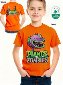 Camiseta casual de cuello redondo, camiseta pura de manga corta con patrón de Plantas Contra Zombis, estilo minimalista casual, top de camiseta con estampado de flor de Venus Trampa y Tiranosaurio Rex, lavable a máquina, pequeño, mediano y grande para primavera, verano, otoño y ropa de 3 a 12 años - Naranja - Ver 6