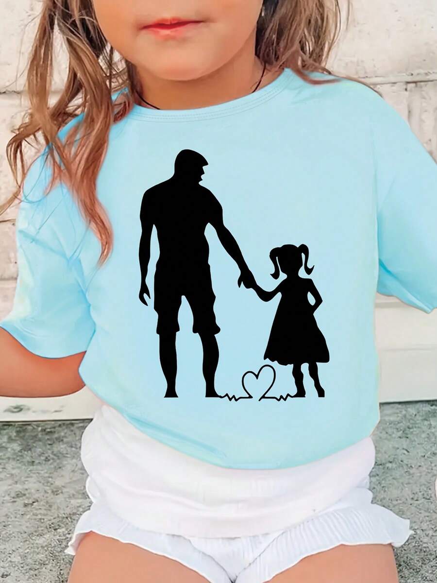Una camiseta de manga corta para niñas con un diseño de silueta de un padre y una hija sosteniéndose de la mano.Es suave y agradable para la piel, con un diseño elegante y una exquisita artesanía, adecuada tanto para ocasiones casuales como deportivas. - Azul - Ver 1