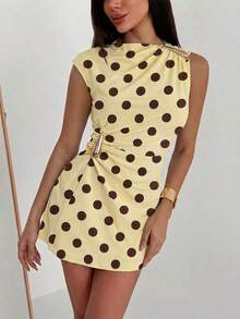 Women's Dress With Umbrella Sleeves And Ruffles With Metallic Decoration - Light Yellow - View 8