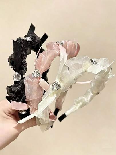 3pcs/Set Women's Headbands Hair Accessories, Fashion Minimalist Mesh Bow, Elegant Crystal Heart Hair Hoop, High Crown Hair Clips, Y2K Bow Decor, Suitable For Parties, Daily Wear, Bridal, Great Gift For Girlfriend