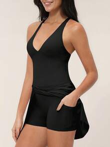 TimeOff 1 pieza Vestido-pantalón corto de mujer con cuello en V, unicolor, abertura lateral, volante en el bajo, tirantes cruzados, bolsillo y forro - Negro - Ver 5