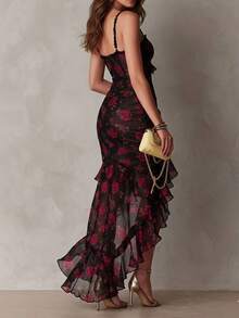 Spaghetti Strap Rose Print Mesh Midi Dress With Scallop Trim, Ruched Waist & Asymmetrical Ruffle Hem, Bodycon & Slit Detail, Elegant & Romantic Style, Evening & Date Night Wear, Lightweight & Sheer Fabric,  & Fashion - Hoa đen và đỏ - Xem 7