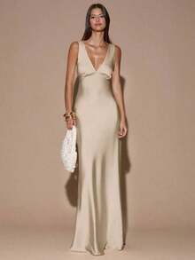 dfgSHEIN  Vestido de tirantes con escote en V profundo y espalda descubierta, de unicolor amarillo/crema, de estilo minimalista y sexy, adecuado para fiestas, cócteles, ocasiones formales, dama de honor, cumpleaños, Navidad y casual de negociosafd KGKB - Caqui - Ver 3