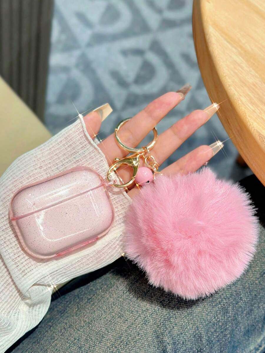 Glitter Earphone Case With Pink Furball & Bell, Suitable As Gift For Girlfriend - Pink - View 1