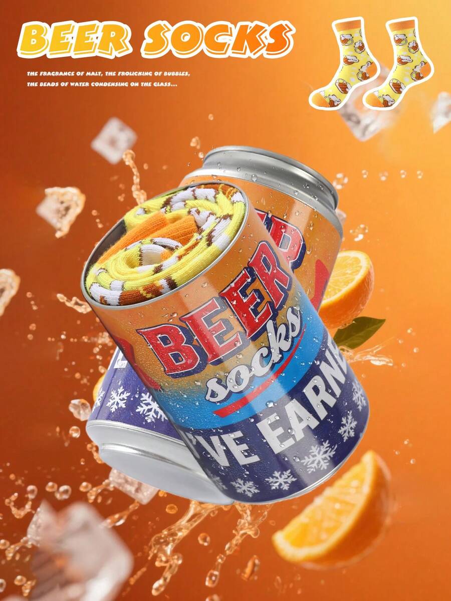 1雙趣味橙黃對比印花標準中筒啤酒罐襪，中性款，啤酒罐造型高級禮盒包裝，創意逼真啤酒罐設計，適合生日／情人節／萬聖節／感恩節／聖誕節／畢業季驚喜禮物，個性化日常穿著襪子，夏季休閒穿搭單品，適合居家／健身房／旅行／辦公室／戶外運動／派對聚會等所有場合的絕佳禮物