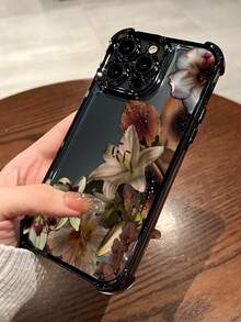 Black Electroplated Soft TPU Shockproof Phone Case With Maroon Lily Pattern, Compatible With Apple 17/17e/17 Pro/17 Pro Max/16/16 Pro/16 Plus, Minimalist Fashion Protective Cover, Suitable For Personal Use Or Gift - Black - View 2