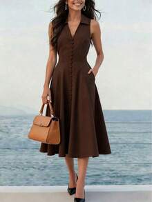 elegante francés de primavera/verano para mujer, moda minimalista, estilo retro, ropa de oficina profesional, vestido ajustado de línea A con escote en V sin mangas, vestido retro marrón de una sola hilera cómodo, con bolsillo lateral y cremallera oculta, vestido midi de verano - Marrón - Ver 1