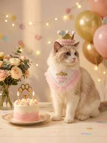 Pet Birthday Set, Dog Birthday Crown Hat & Birthday Girl Bandana, Pearl Ruffle Pet Bib, Princess Style Party Costume For Small Dogs Cats, Birthday Party Photo Props, Cute Cat Dog Birthday Accessory - Multicolor - View 3