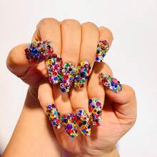 Premium Handmade Medium Square 3D Crystal Rhinestone Press On Nails, Full Cover Multicolor Bling Nail Art Set, Festival And Party Looks, Valentines Day Nails Summer - 許多 - 查看 2