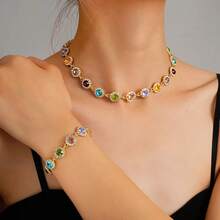 Juego de 2 piezas de collar y pulsera de circonita colorida, diseño floral elegante y exquisito, accesorios de acero inoxidable para mujer para uso diario y fiestas. - AYAColorido - Ver 2