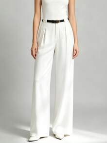 Mid-Waist Solid Color Elegant Straight Leg Pants With Belt White, Office - White - View 2
