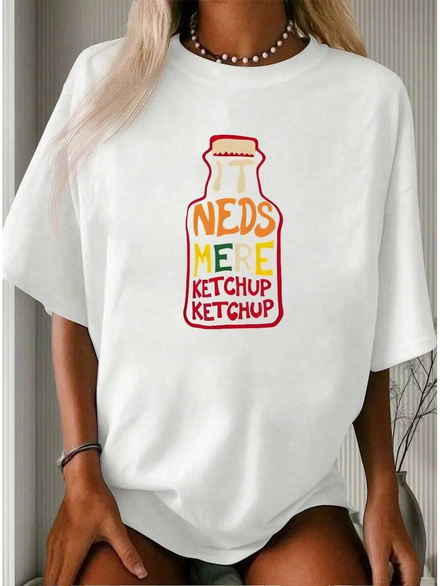 Camiseta Oversized Con Letras De Botella Vintage - Blanco - Ver 1