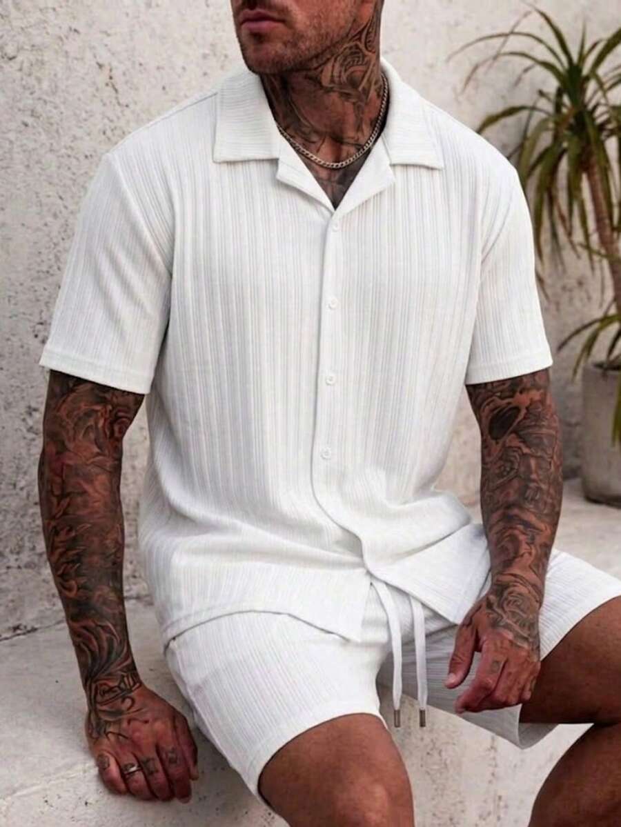Men's Casual Ribbed Short-Sleeve Button-Down & Shorts Resort Set
