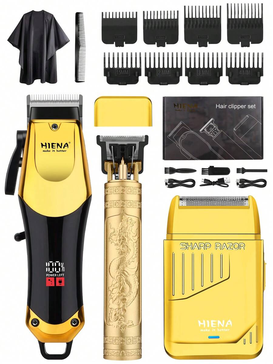 HIENA 三合一电动理发器套装 - 专业理发器 + T9 刀头修剪器 + 电动剃须刀,家用可充电理发工具套装 - 查看 1