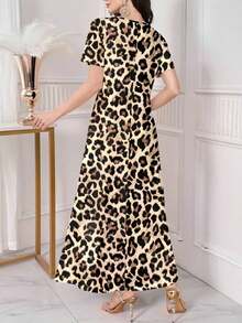 Vestido de punto de manga corta con cuello en V elegante amarillo para primavera/verano con estampado floral diminuto, se puede usar como prenda exterior o interior, adecuado para el trabajo, citas, vacaciones, casual, fiestas, festivales, vestido maxi floral, vestido vintage - Caqui - Ver 2