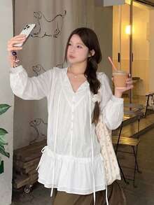 YCYC Korean Chic New Fashion Versatile Drawstring Slimming Ruffle Long Sleeve Blouse Top For Women White - White - View 3
